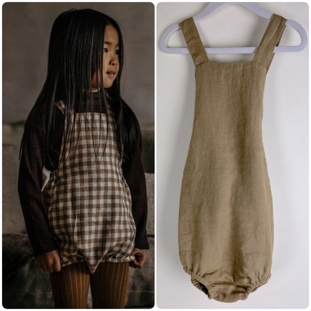 The Simple Folk | Organic Linen Overall Bloomer Romper Camel | 4-5 Yrs